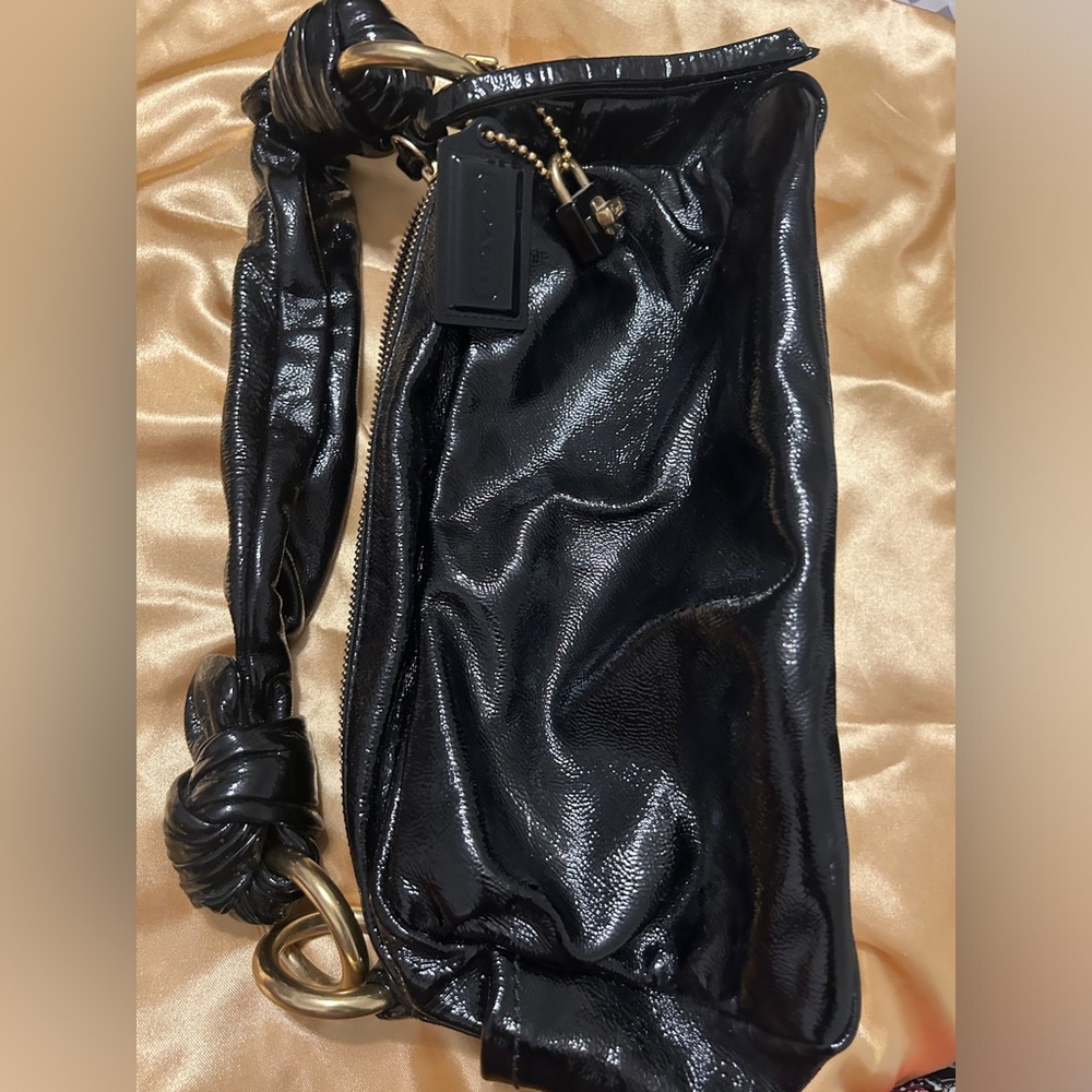 Coach Black Patent Leather Hobo Tie Bag Brass Vintage - Picture 2 of 7